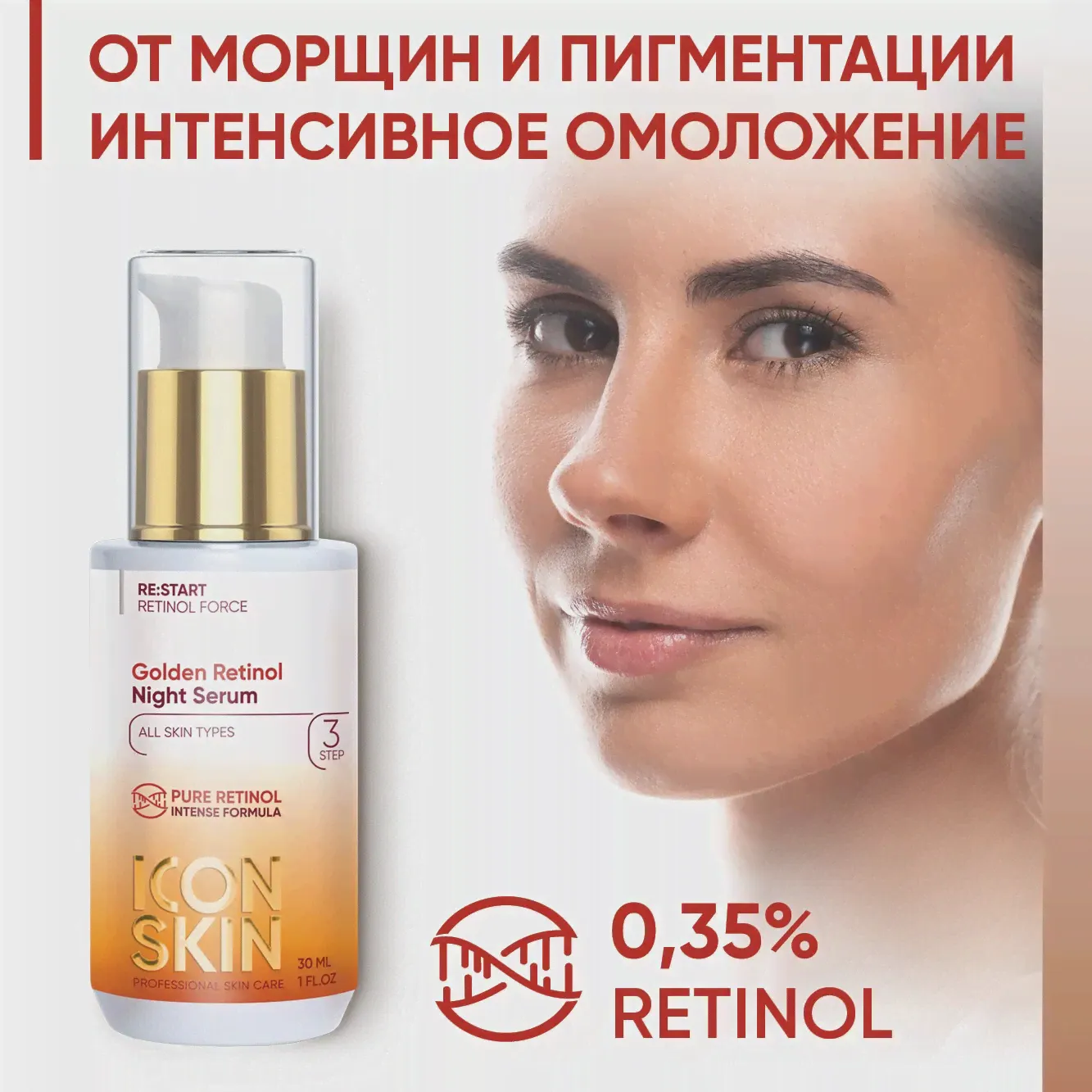 🛍 ICON SKIN, Ночная омолаживающая сыворотка от морщин и пигментации. 0,35% ретинол, витамин С, гиалур. к-та,30 мл